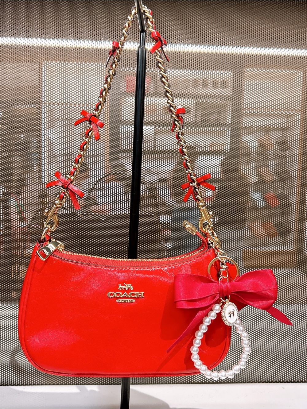 Coach mini Teri Red Leather Chain-Handle Shoulder Bag with Bow Charm